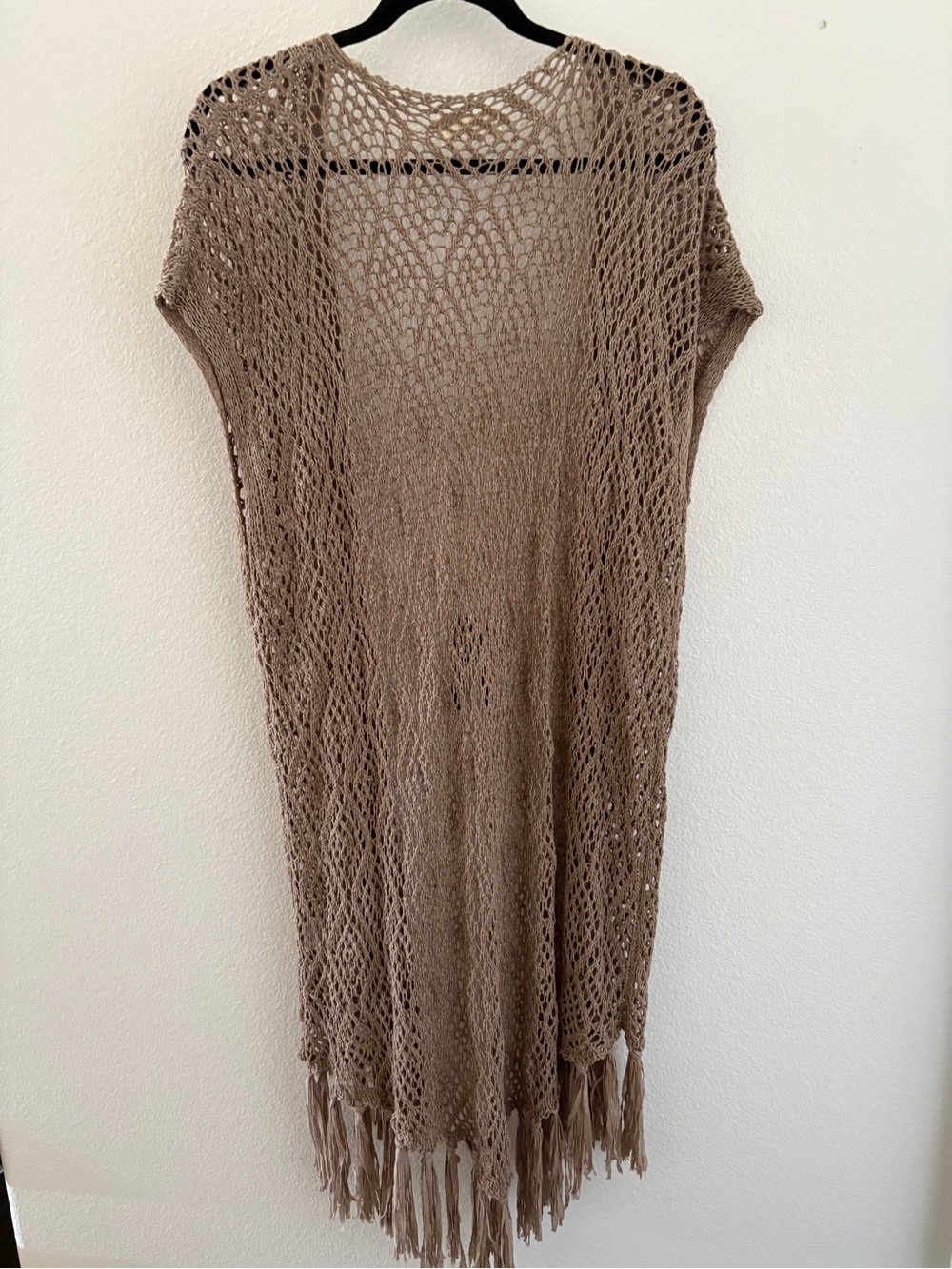 Altar’d State Open Knit Fringe Duster in Light Taupe